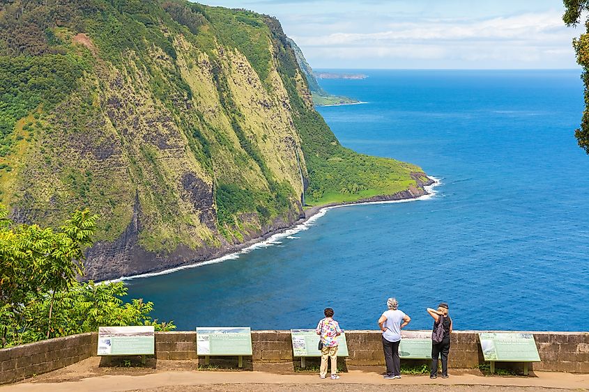 Group of tourists enjoying the amazing view in Waipio Valley, Big Island, Hawaii. 