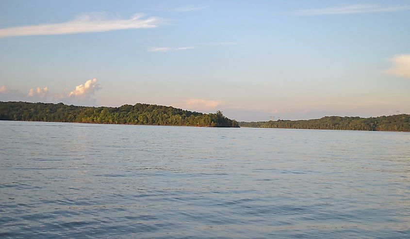 Sunset at Long Hunter State Park in Tennessee, looking out over the lake waters.