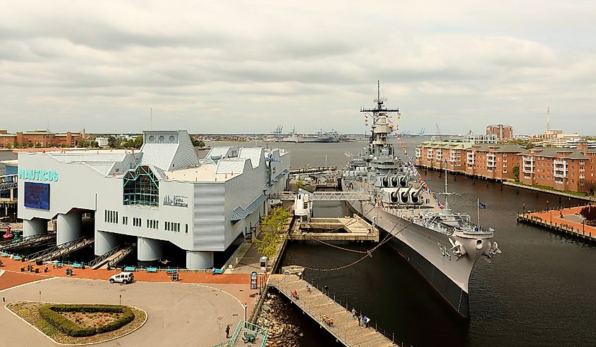 Nauticus Museum Featuring the Battle Ship Wisconsin on a Cloudy Day.