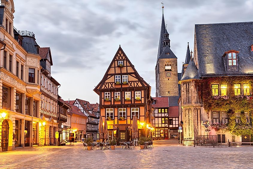 The sparkling town square of Quedlinburg, Germany, in the evening