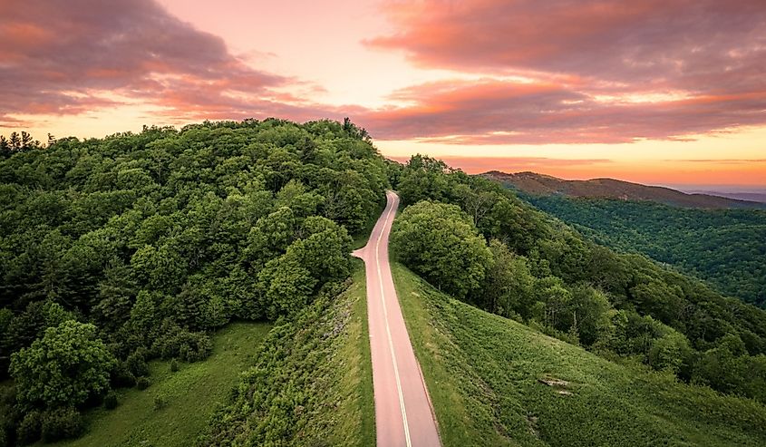 Aerial view of Blue Ridge Parkway in North Carolina at sunset.