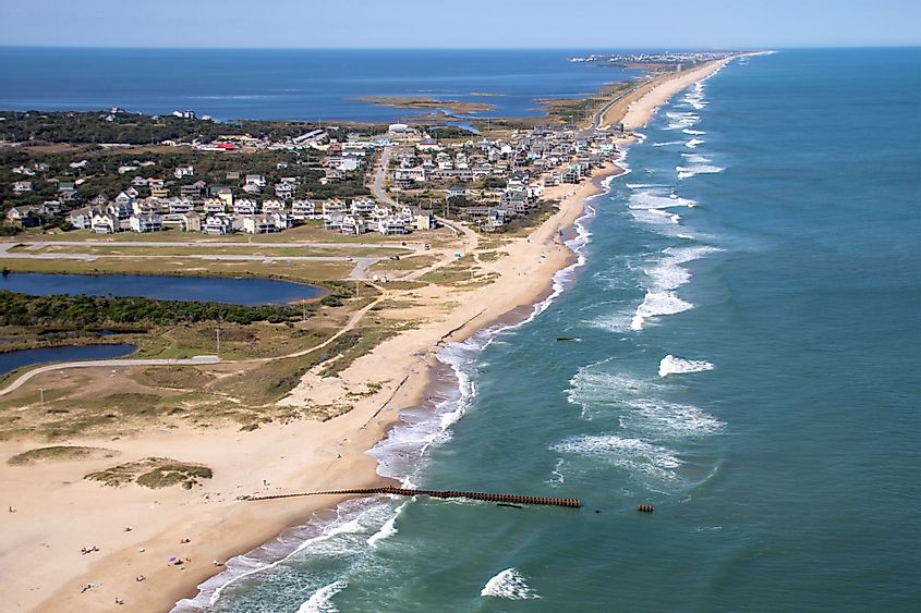 Aerial view along North Carolina Outer Banks showing Buxton to Avon. 