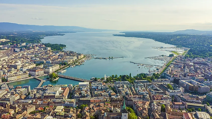 Lake Geneva along the northern edge of the Alps, on the border of Switzerland and France.