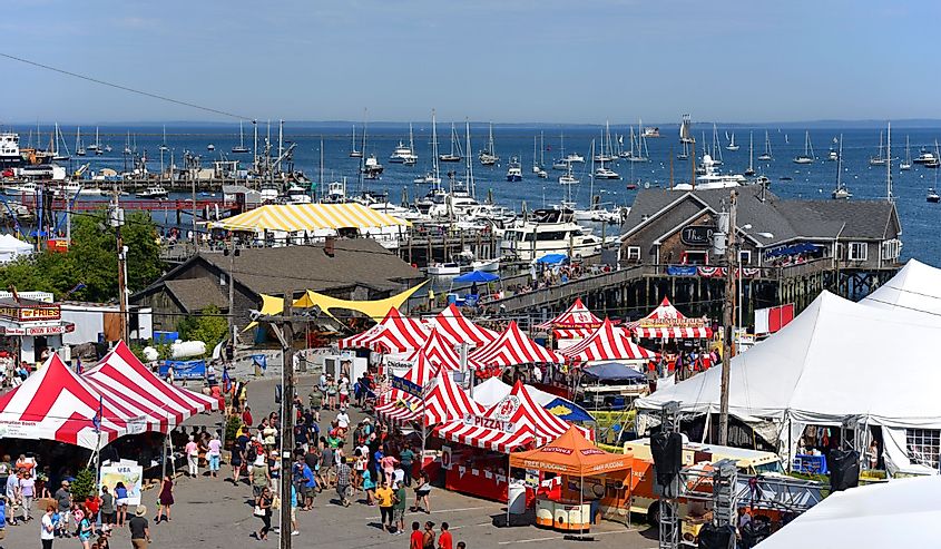 Aerial view of Rockland Harbor during Rockland Lobster Festival in summer, Rockland, Maine