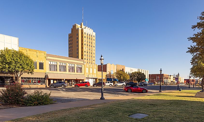 The old business district on Grand Avenue in Enid, Oklahoma. Editorial credit: Roberto Galan / Shutterstock.com
