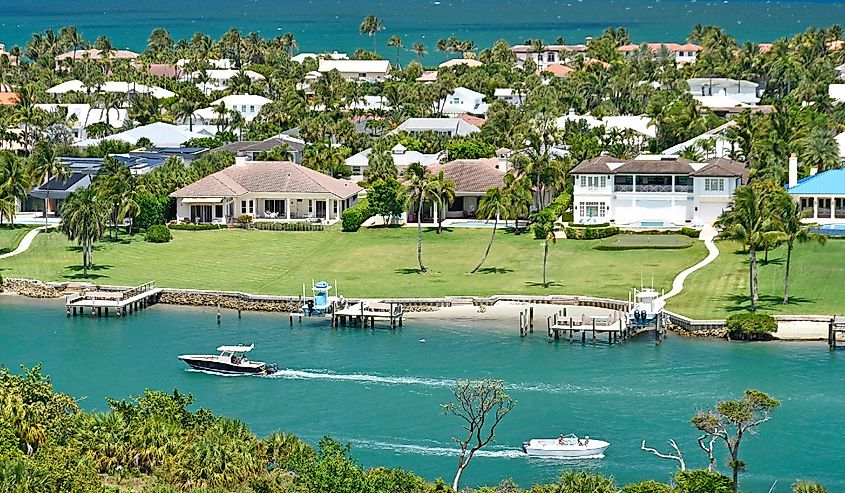 Aerial view of luxury waterfront homes along the intracoastal near Jupiter Inlet from the lighthouse in Jupiter, Florida in Palm Beach County