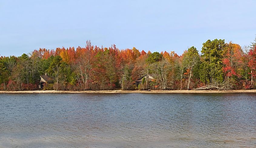 A wide panorama Autumn scene on Atsion Lake in the Pine Barrens of New Jersey