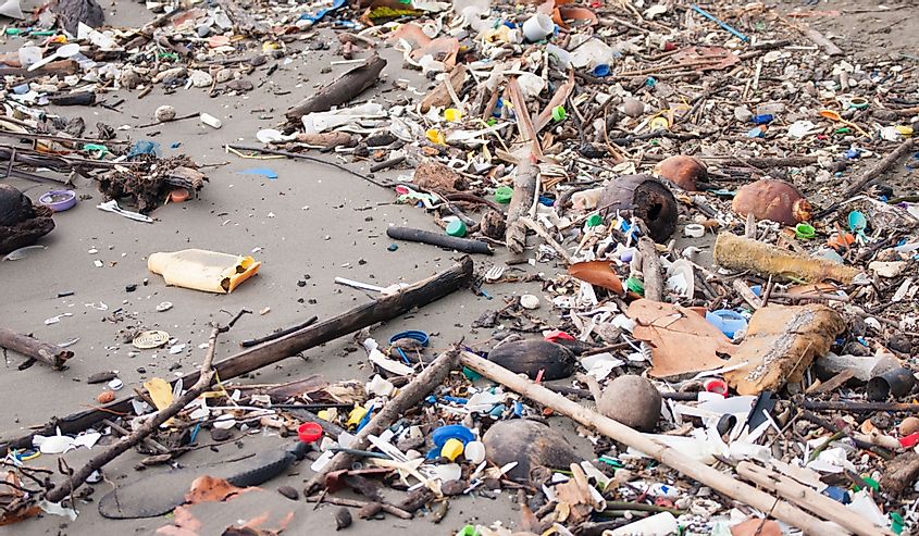 Contaminación de la playa.  Botellas de plástico y otra basura en la playa del mar de Livingston, Guatemala.