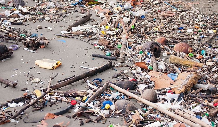 Beach pollution. Plastic bottles and other trash on sea beach of Livingston, Guatemala.