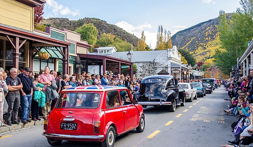 People can seen exploring around the Arrowtown during the Arrowtown Autumn Festival on Buckingham Street.