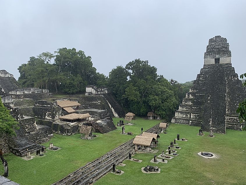 The megalithic temples and main courtyard at the Mayan city of Tikal.