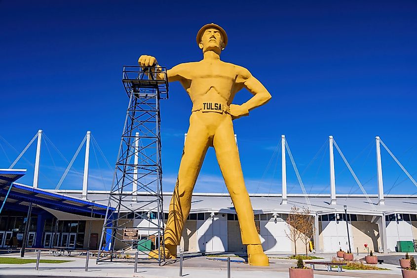 Sunny view of the Golden Driller statue in Tulsa, Oklahoma