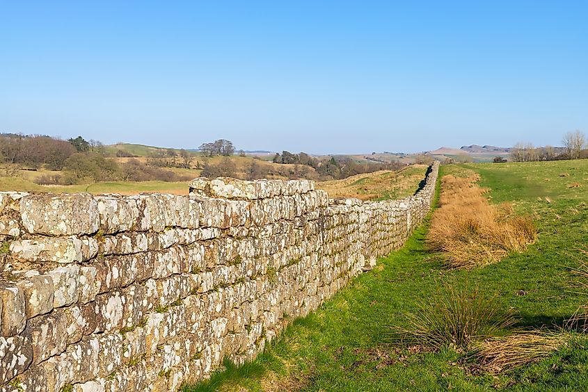 Remains of Hadrian's Wall, built in 122 AD, in the afternoon light. Birdoswald, England.