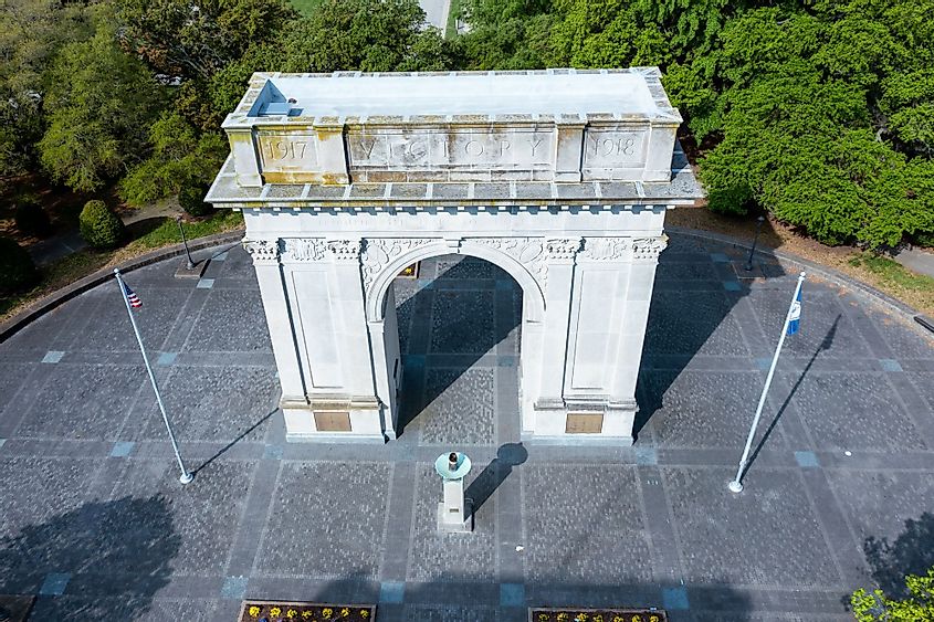 Aerial view of the Newport News Victory Arch in Newport News, Virginia