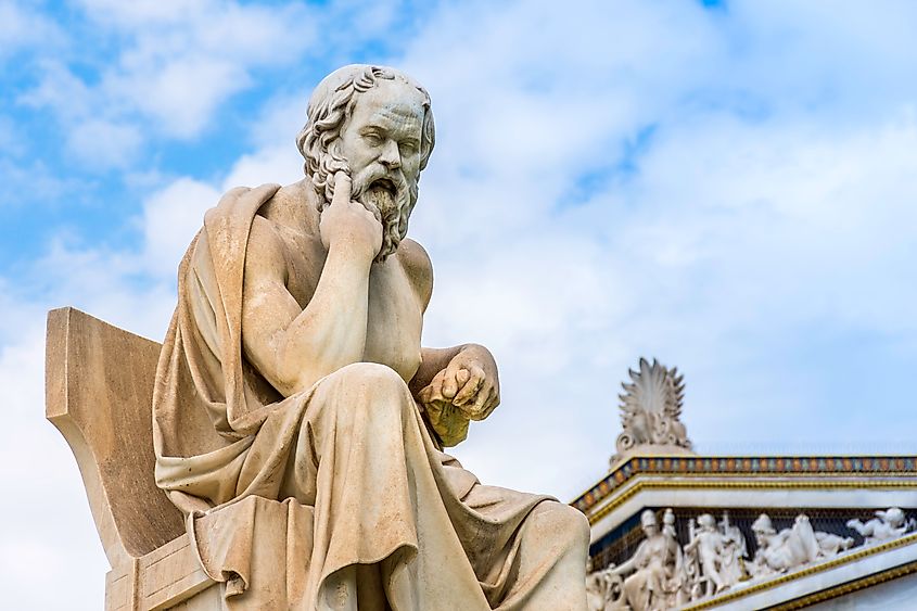 Ancient marble statue of the great Greek philosopher Socrates on background the blue sky, Athens, Greece (Credit: Stefanos Kyriazis via Shutterstock)