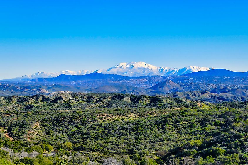 The Agua Tibia Wilderness in Cleveland National Forest, in the background the snowy peaks of th San Jacinto Range, Southern California, USA
