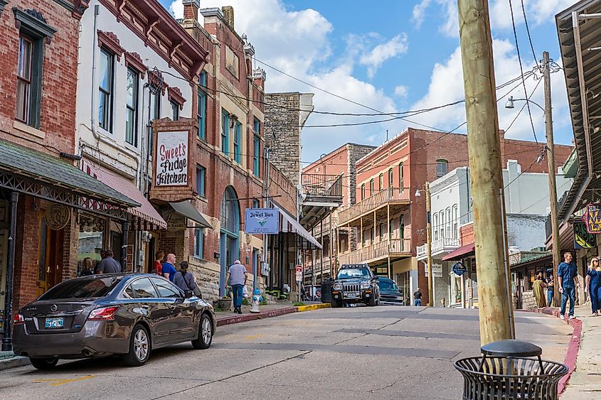 Eureka Springs, Arkansas / USA - April 27 2019: Beautiful street view downtown Eureka Springs, shop commerce destination area, must visit in Northwest Arkansas