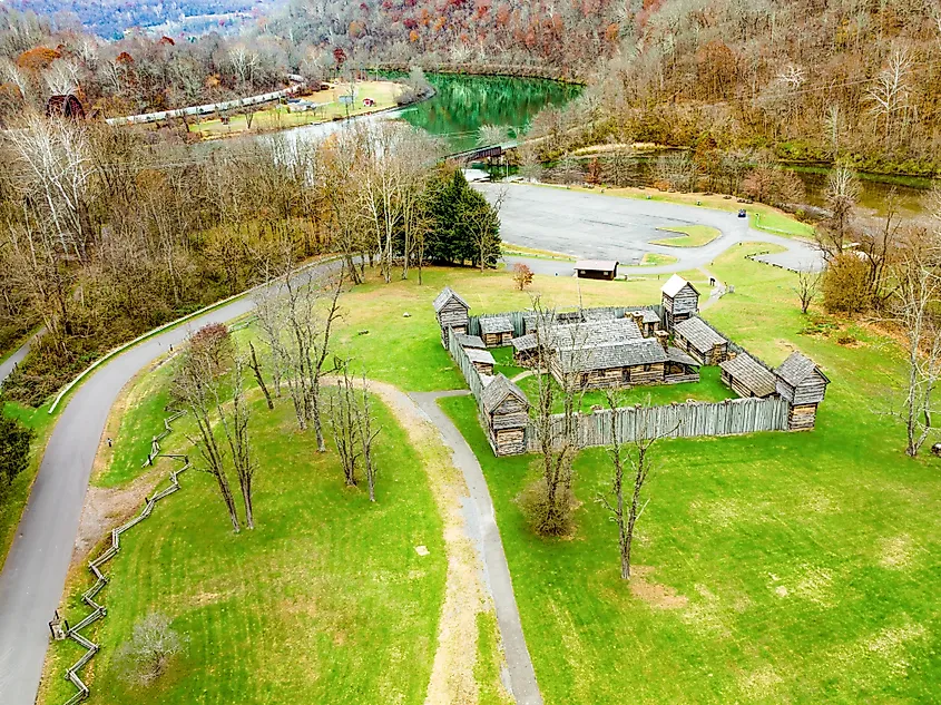 Aerial view of Prickett's Fort State Park in West Virginia, showing a reconstructed wooden fort once used as a refuge on the colonial frontier