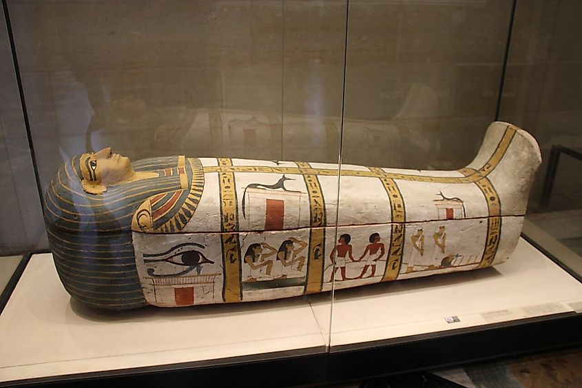 A painted coffin at Ancient Egypt Gallery, Louvre Museum, Paris, France.