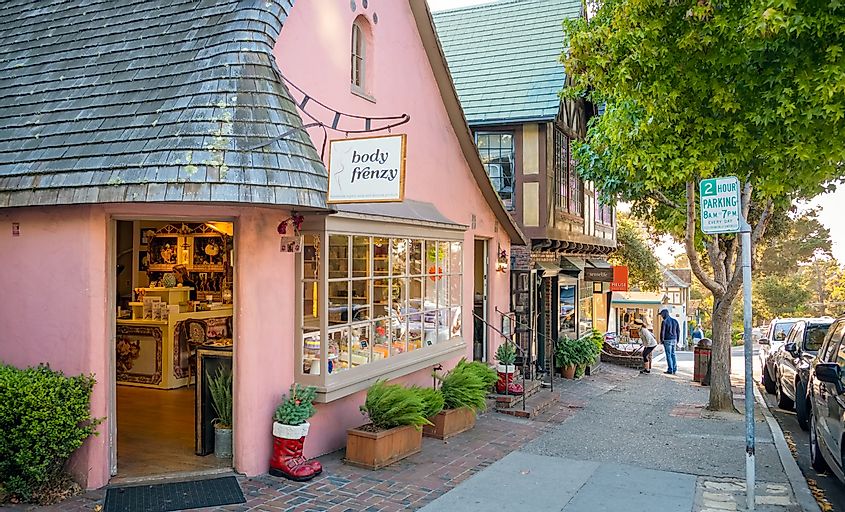 Small stores along the sidewalk in Carmel, California, via Robert Mullan / Shutterstock.com