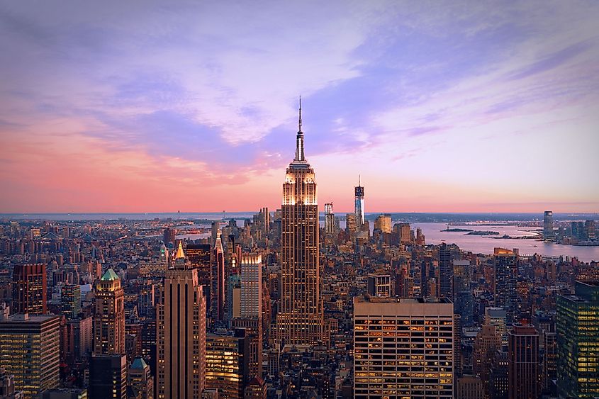 Aerial view of New York City at twilight. 