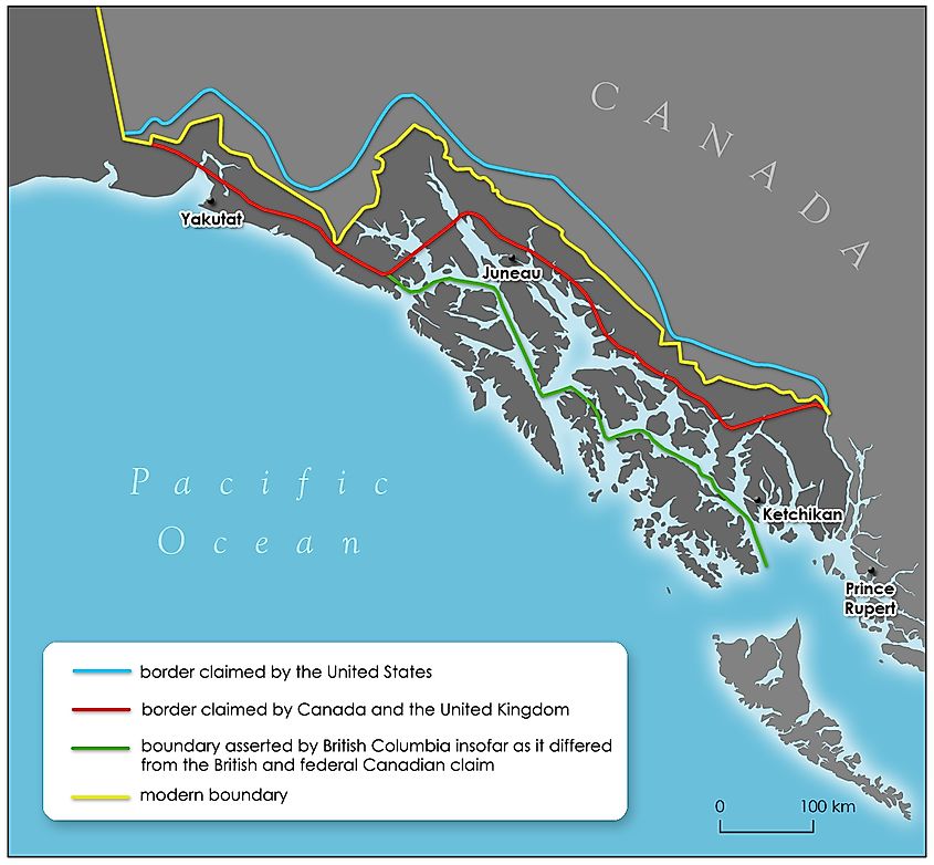 Varying claims in Southeast Alaska before arbitration in 1903.