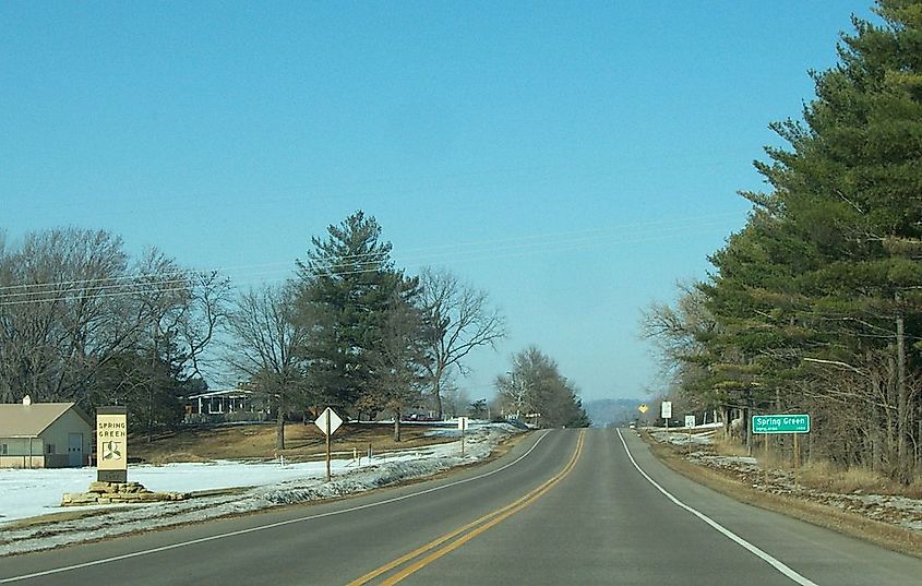 Sign welcoming visitors to Spring Green, Wisconsin.