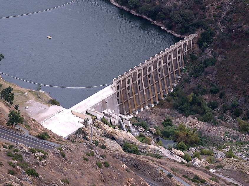A view of Lake Hodges Dam taken from a helicopter