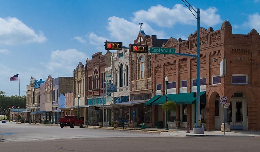 Downtown street in Cuero, Texas.