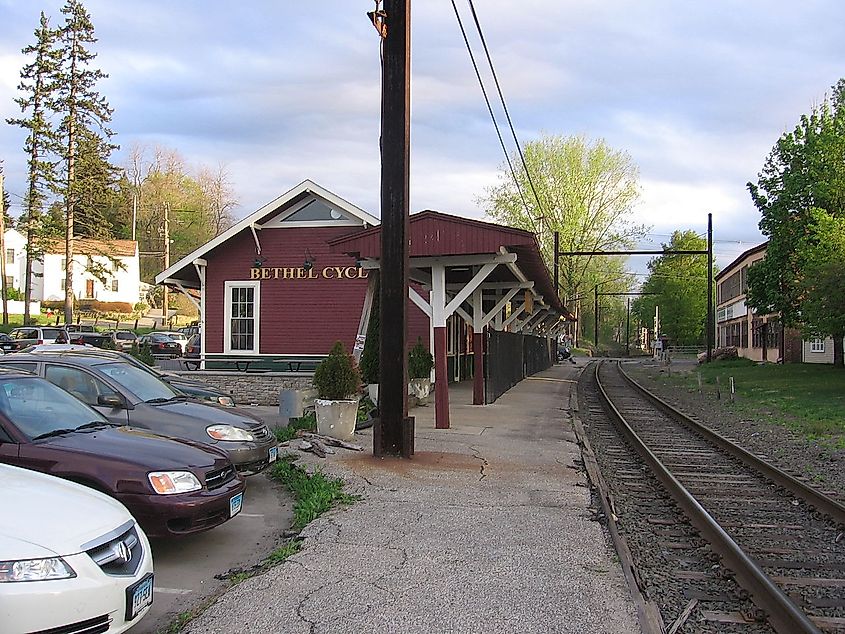 The Bethel Cycle shop in the old Bethel Station house along the former Danbury and Norwalk Railroad.