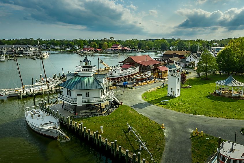 Shipyard and lighthouse in St. Michaels harbor in Maryland