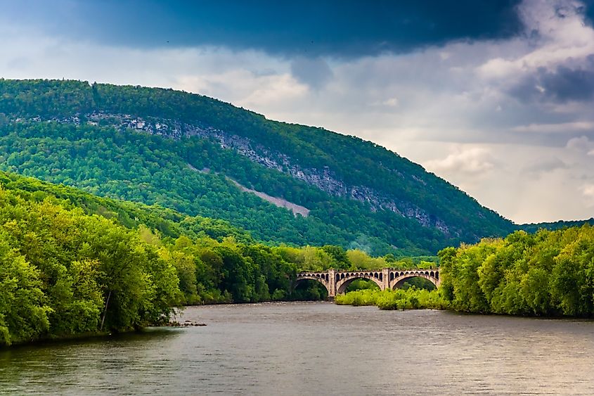 Mount Minsi and the Delaware River seen from from a pedestrian bridge.