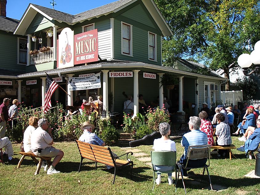 People enjoying a folk music program at Mountain View, Arkansas.