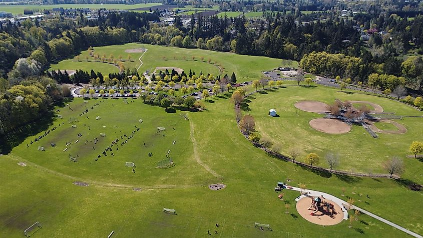 McMinnville, Oregon: Aerial view of Joe Dancer Park facing south, featuring playground, baseball and soccer fields, and the south side of town.