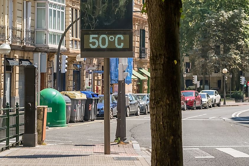 Street thermometer in Bilbao city displays terrifying 50 degrees Celsius during intense summer heatwave in Spain.