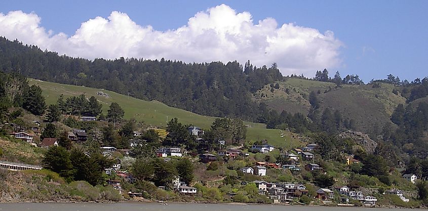 The town of Jenner (in Sonoma County, California, U.S.A.) viewed from Whale Point, across the Russian River.