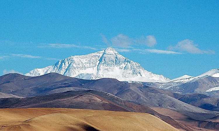Mount Everest, the highest summit in the Himalayas, rising above the surrounding peaks.