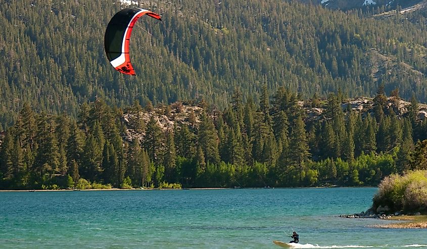 Kiteboarder at the June Lake, close to Yosemite National Park.