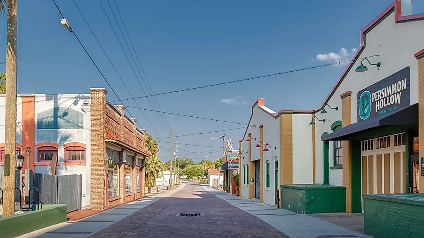 Persimmon Hollow Brewery and other shops in downtown DeLand, Florida