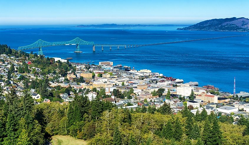 Astoria, Oregon, the first permanent U.S. settlement on the Pacific coast, overlooks the Astoria Megler bridge as it crosses the Columbia river to the state of Washington.