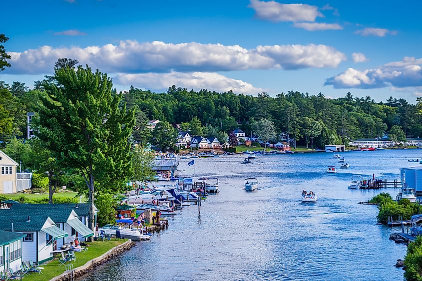  View of boats in Paugus Bay in Laconia, New Hampshire.