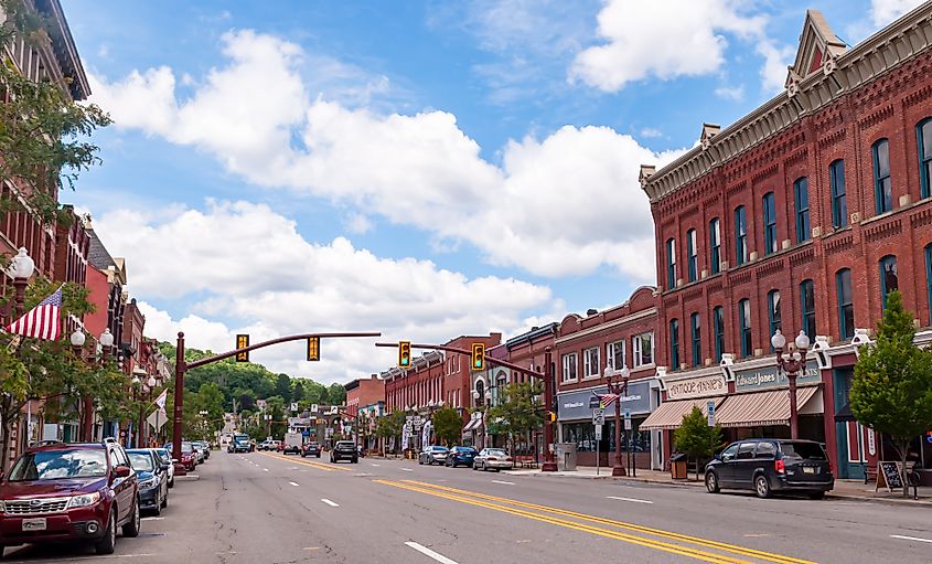 Buildings lining Liberty Street on a sunny summer day in Franklin, Pennsylvania, the county seat of Venango County.