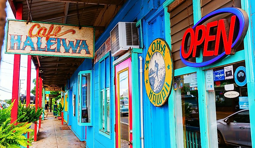Colorful stores in small town Haleiwa.
