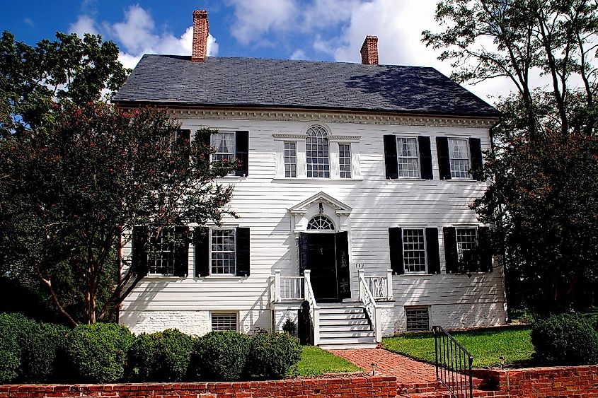 White wooden 18th-century home in Princess Anne, Maryland.