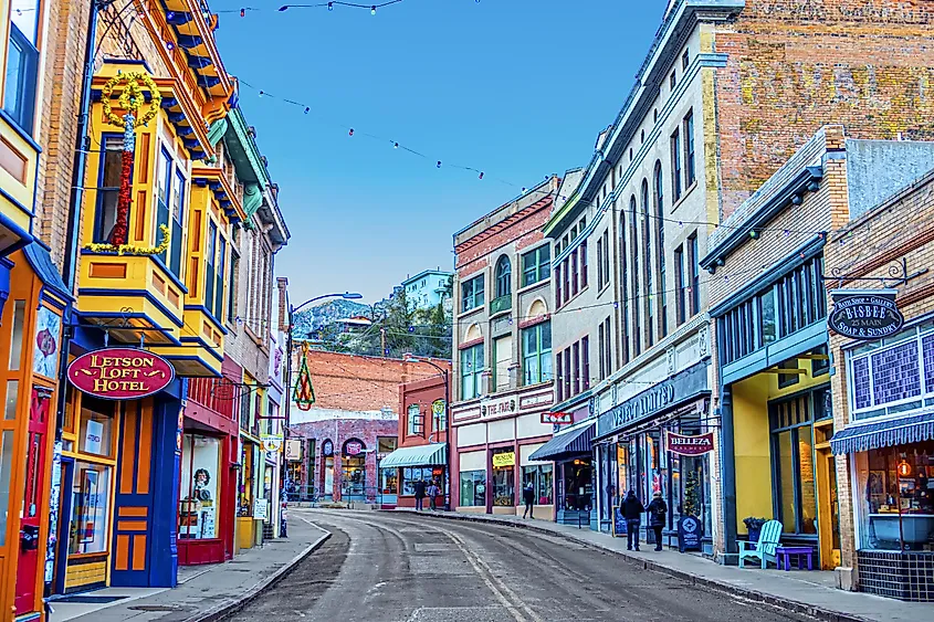 Buildings on Main Street in Bisbee, Arizona.