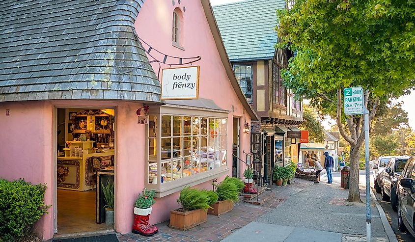 Pink boutique store along the sidewalk in Carmel, California.