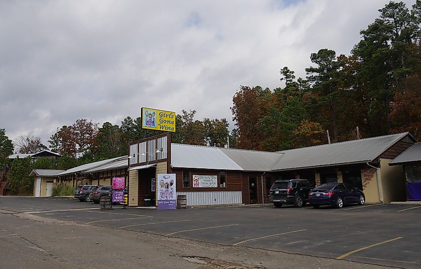 Façade of Girls Gone Wine, one of the wine tasting stops by the roadside in Broken Bow, Oklahoma.