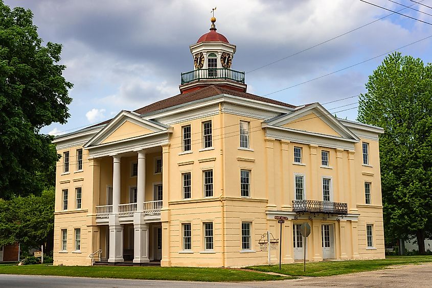 The historic Bishop Hill Steeple Building, constructed in 1854, on a cloudy afternoon in Bishop Hill, Illinois, USA.