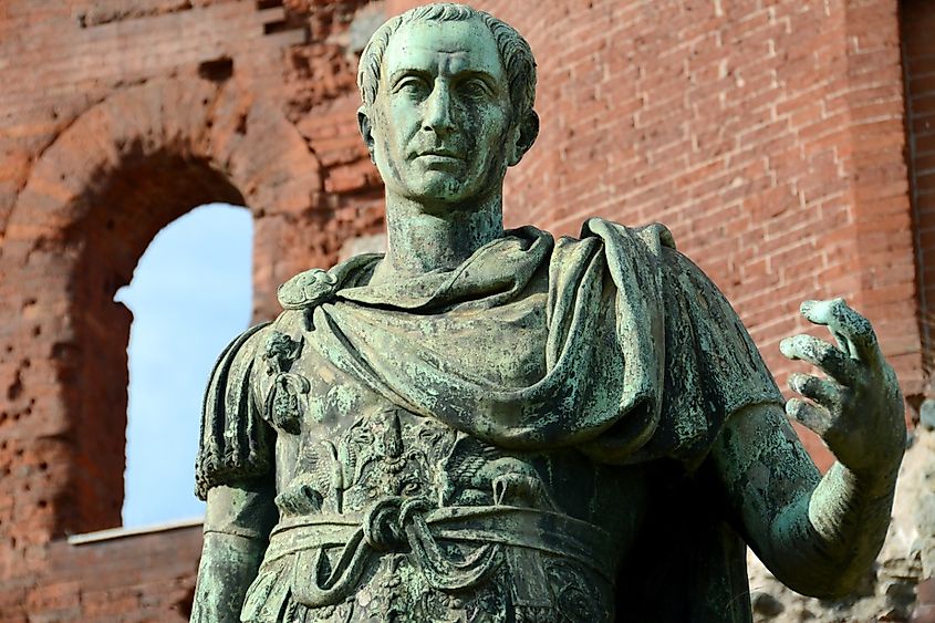 The statue of Julius Caesar in front of the Porta Palatina which was the Porta Principalis Dextera of Augusta Taurinorum, or the Roman civitas now known as Turin.