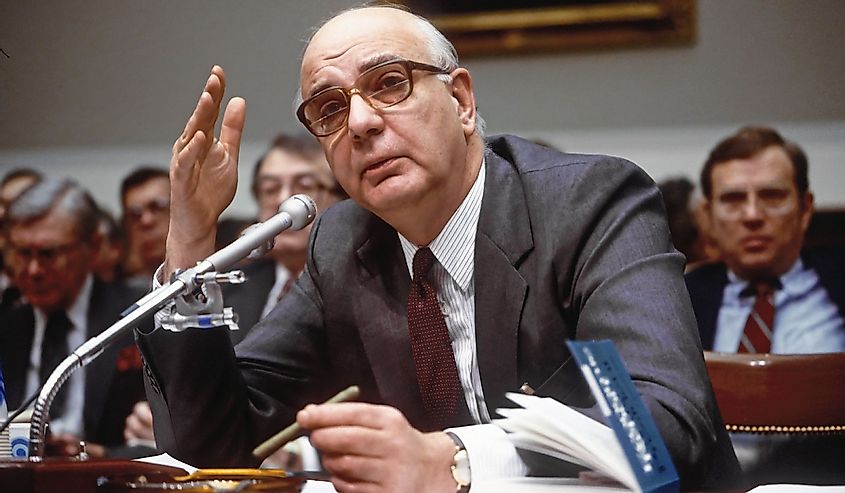 Federal Reserve Chairman Paul Volcker at the House Banking Committee in 1986 saying that the recent sharp decline in the dollar poses a danger of re-igniting inflation